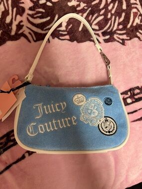 Juicy Couture Light Blue Velour Logo Shoulder Bag with White Trim